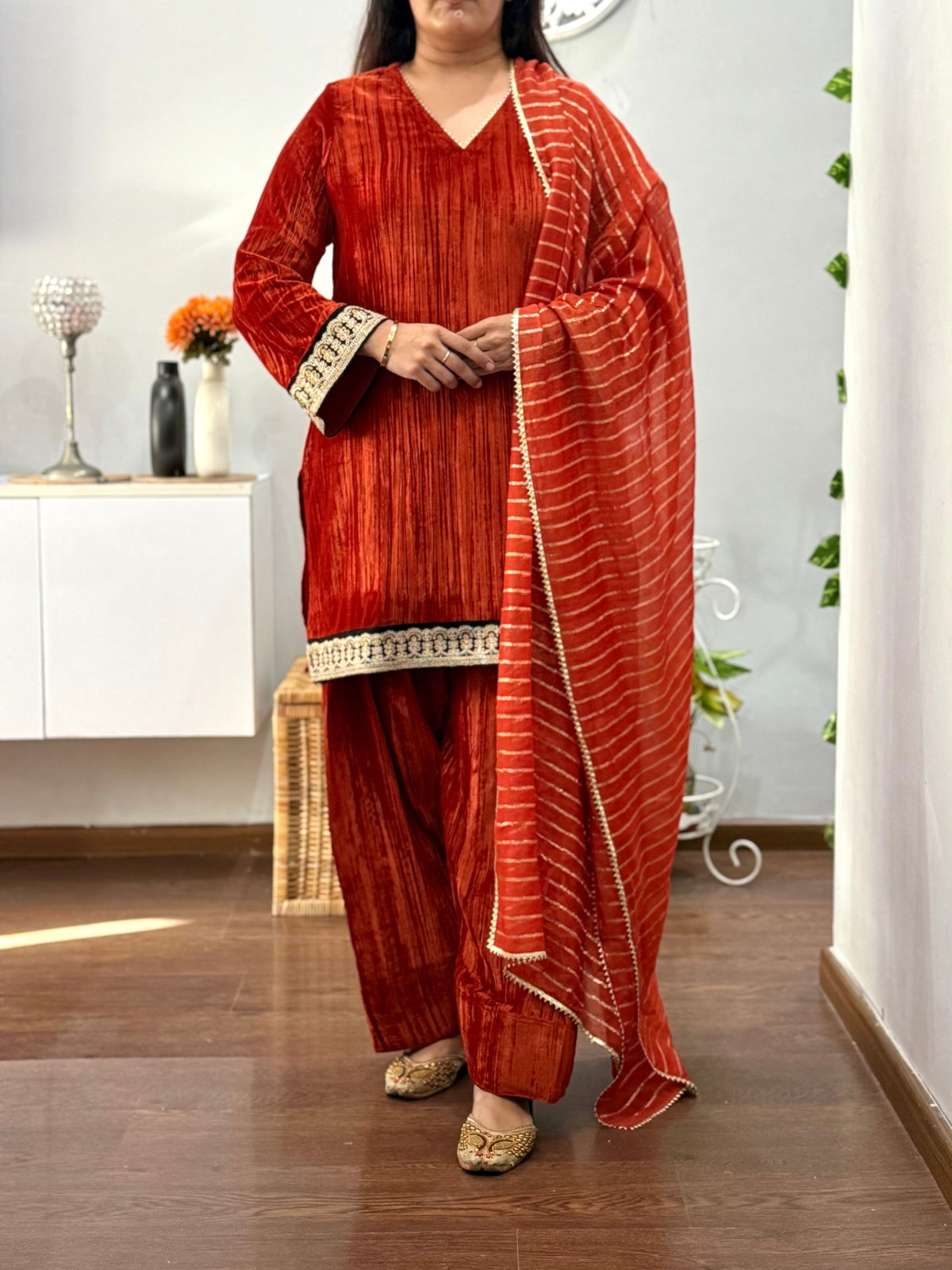 Ravishing Rust Velvet Farshi Salwar Suit Set