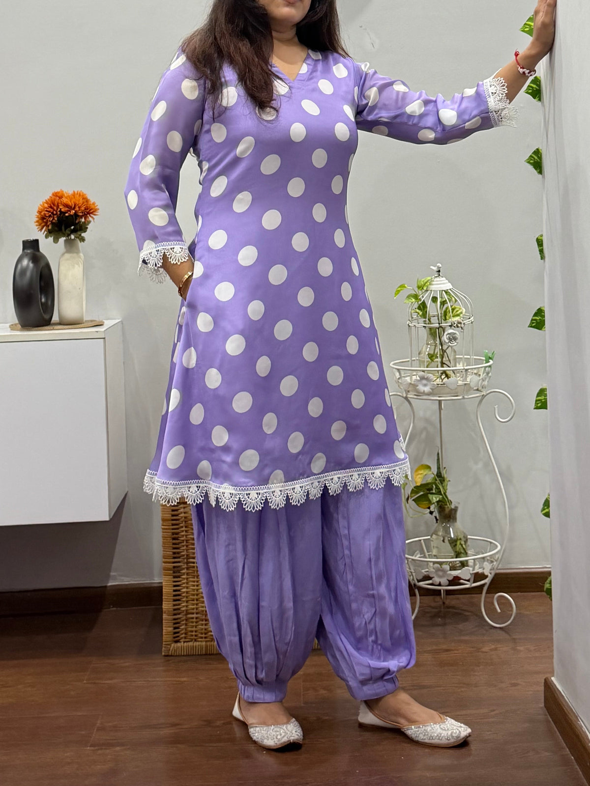 Lilac Polka Kurta Afgani Salwar Set