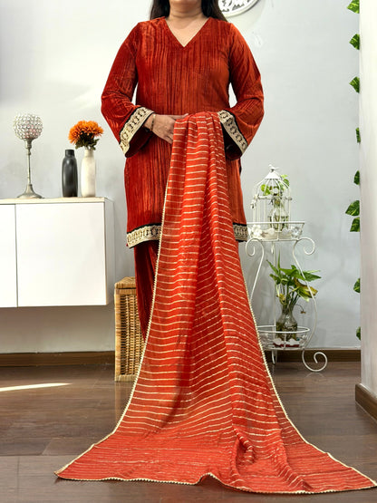 Ravishing Rust Velvet Farshi Salwar Suit Set