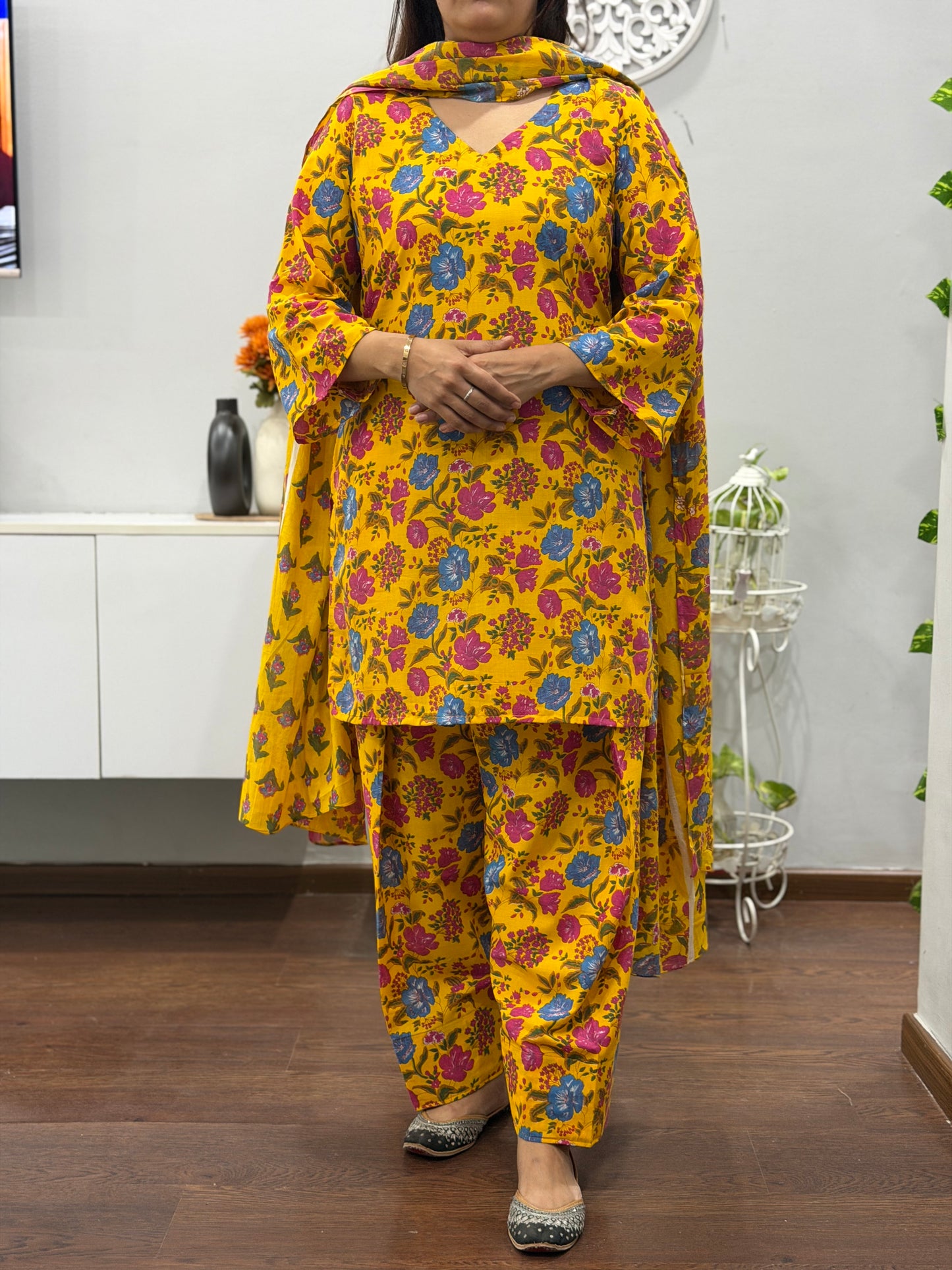 Mustard Flora Suit Set with Farshi Salwar