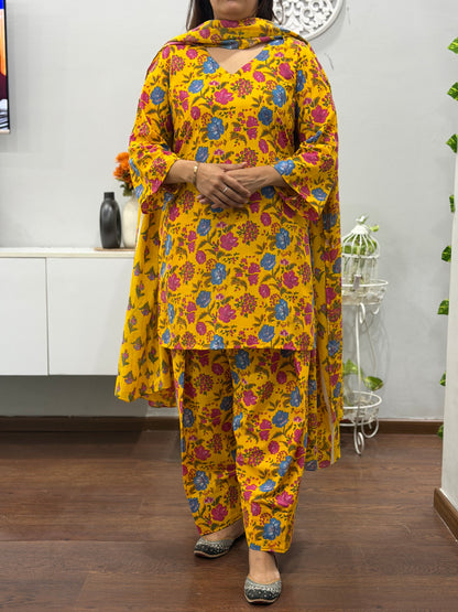 Mustard Flora Suit Set with Farshi Salwar