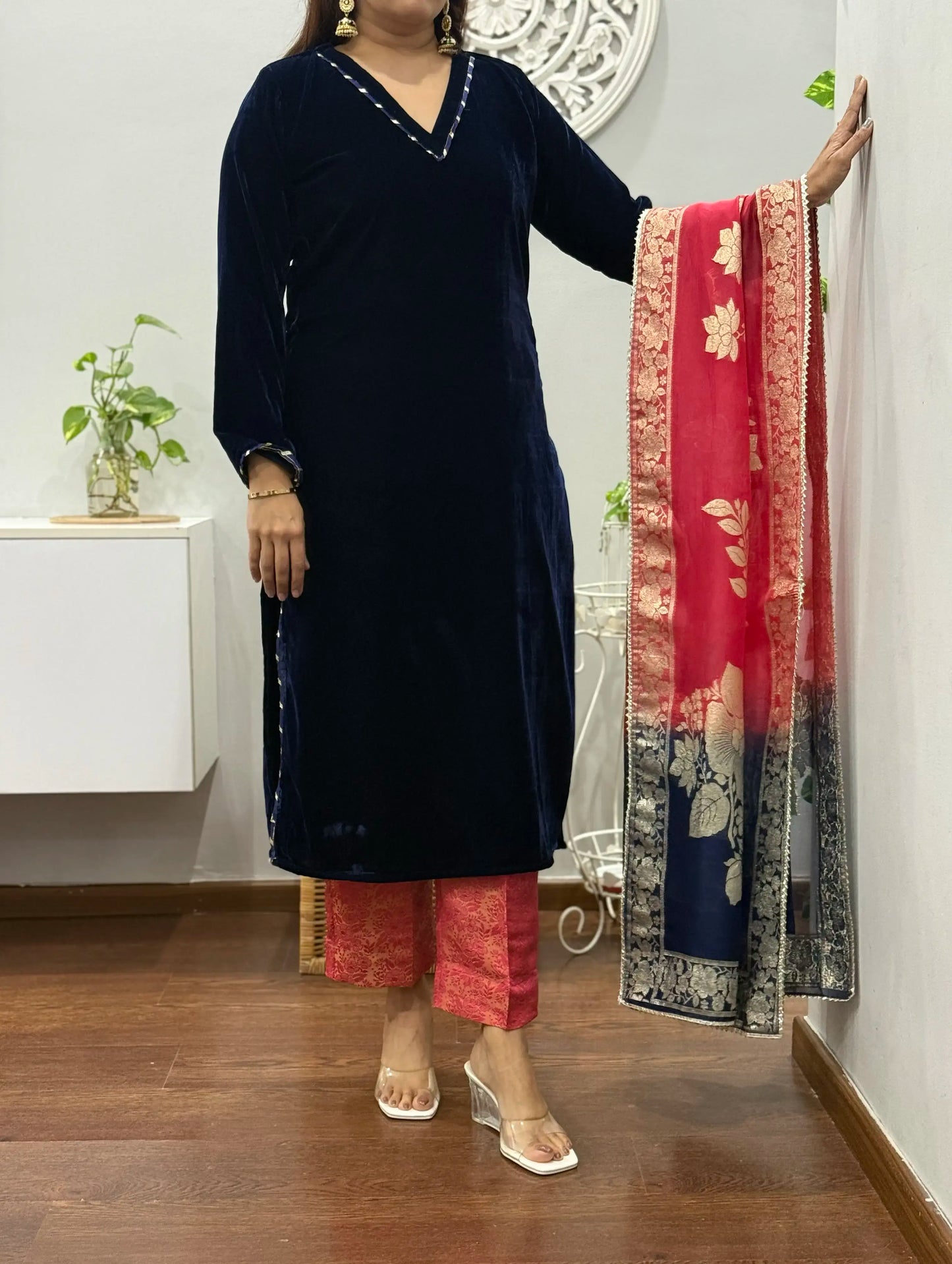 Coral Night Velvet Suit Set