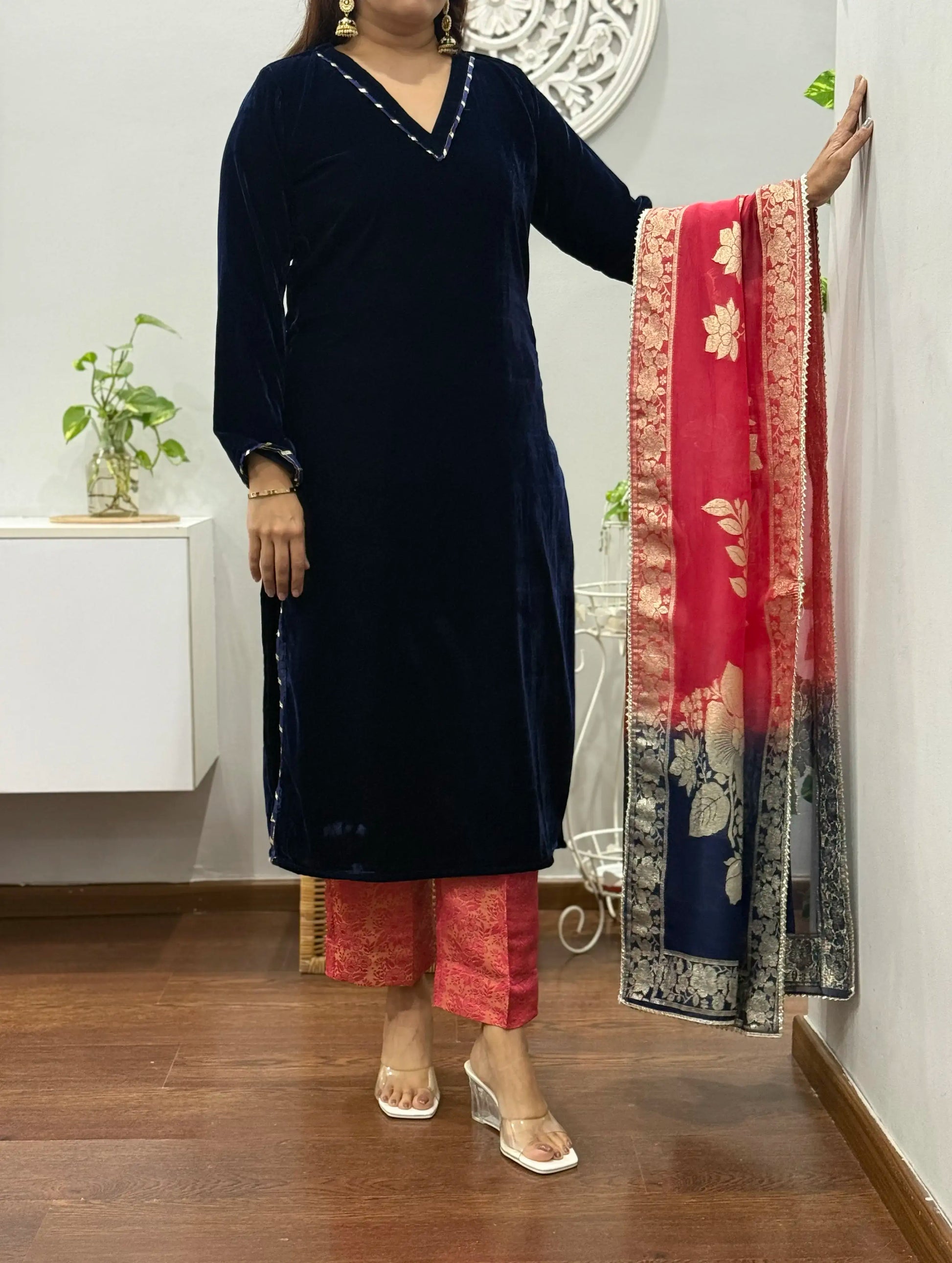 Coral Night Velvet Suit Set