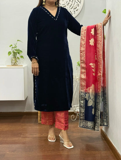 Coral Night Velvet Suit Set