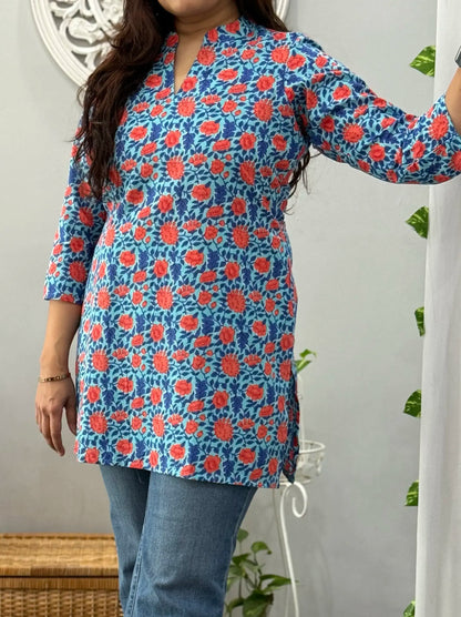 Turquoise Bloom Cotton Short Kurti 2
