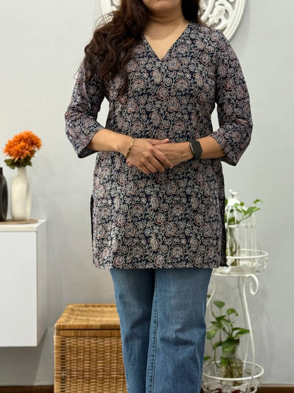 Blue Ajrakh Cotton Short Kurti