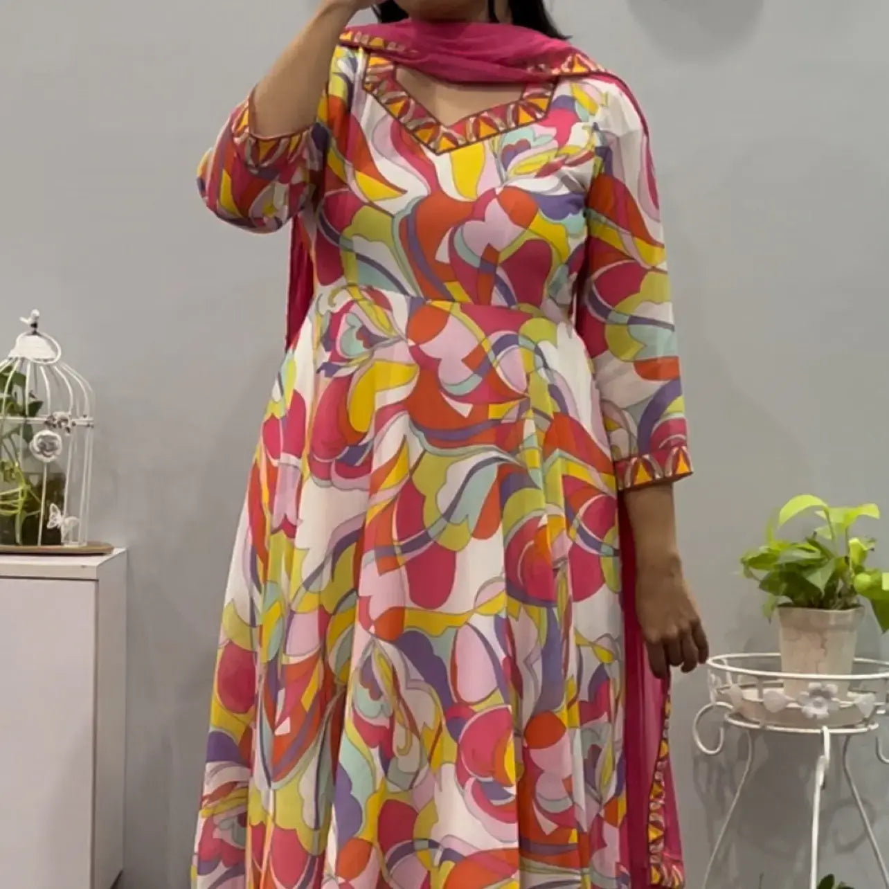 Colourful abstract Anarkali suit set