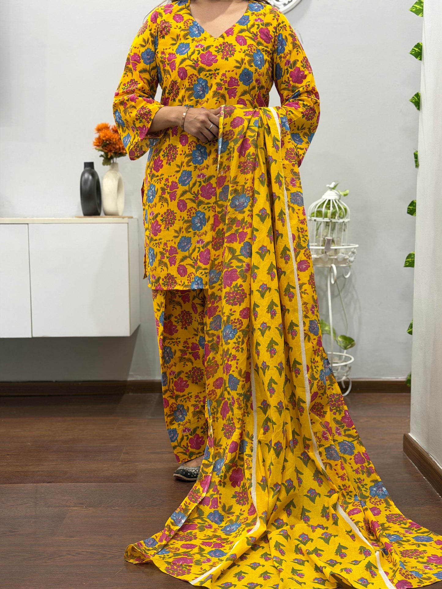 Mustard Flora Suit Set with Farshi Salwar