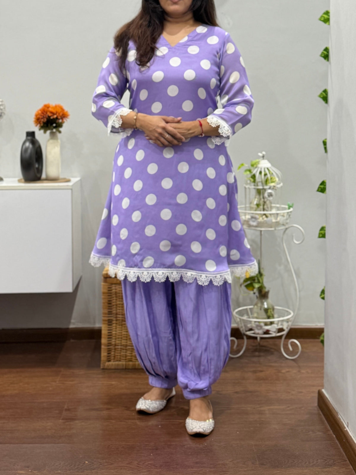 Lilac Polka Kurta Afgani Salwar Set