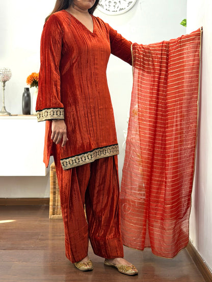 Ravishing Rust Velvet Farshi Salwar Suit Set
