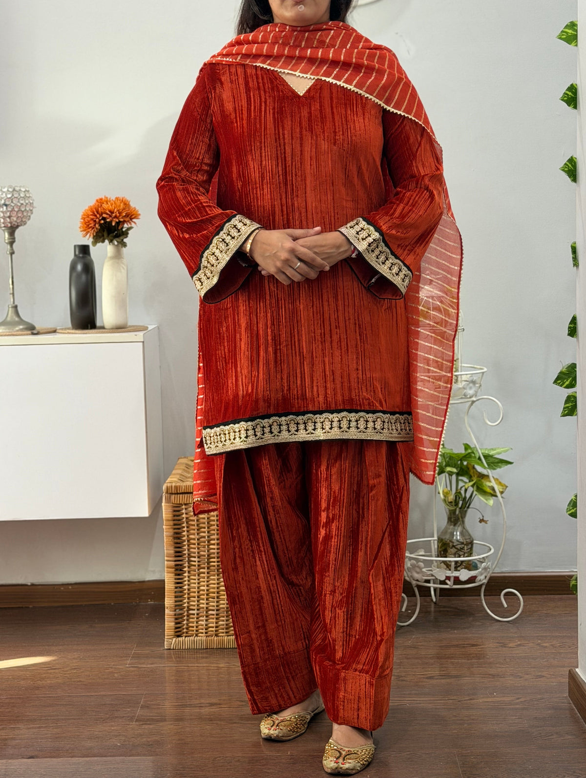 Ravishing Rust Velvet Farshi Salwar Suit Set