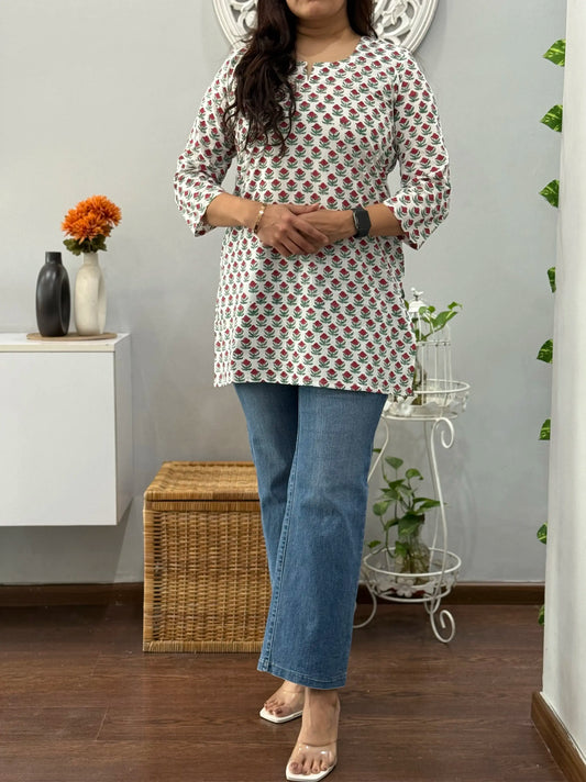 Gulabi Butta Cotton Short Kurti