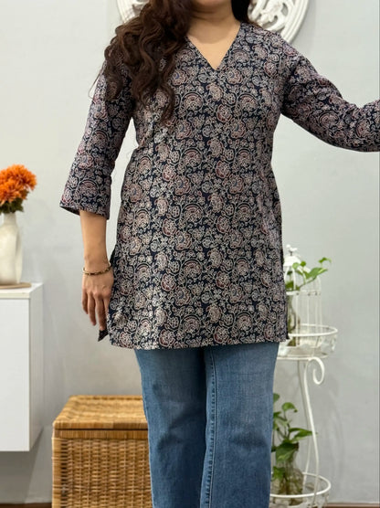 Blue Ajrakh Cotton Short Kurti 2