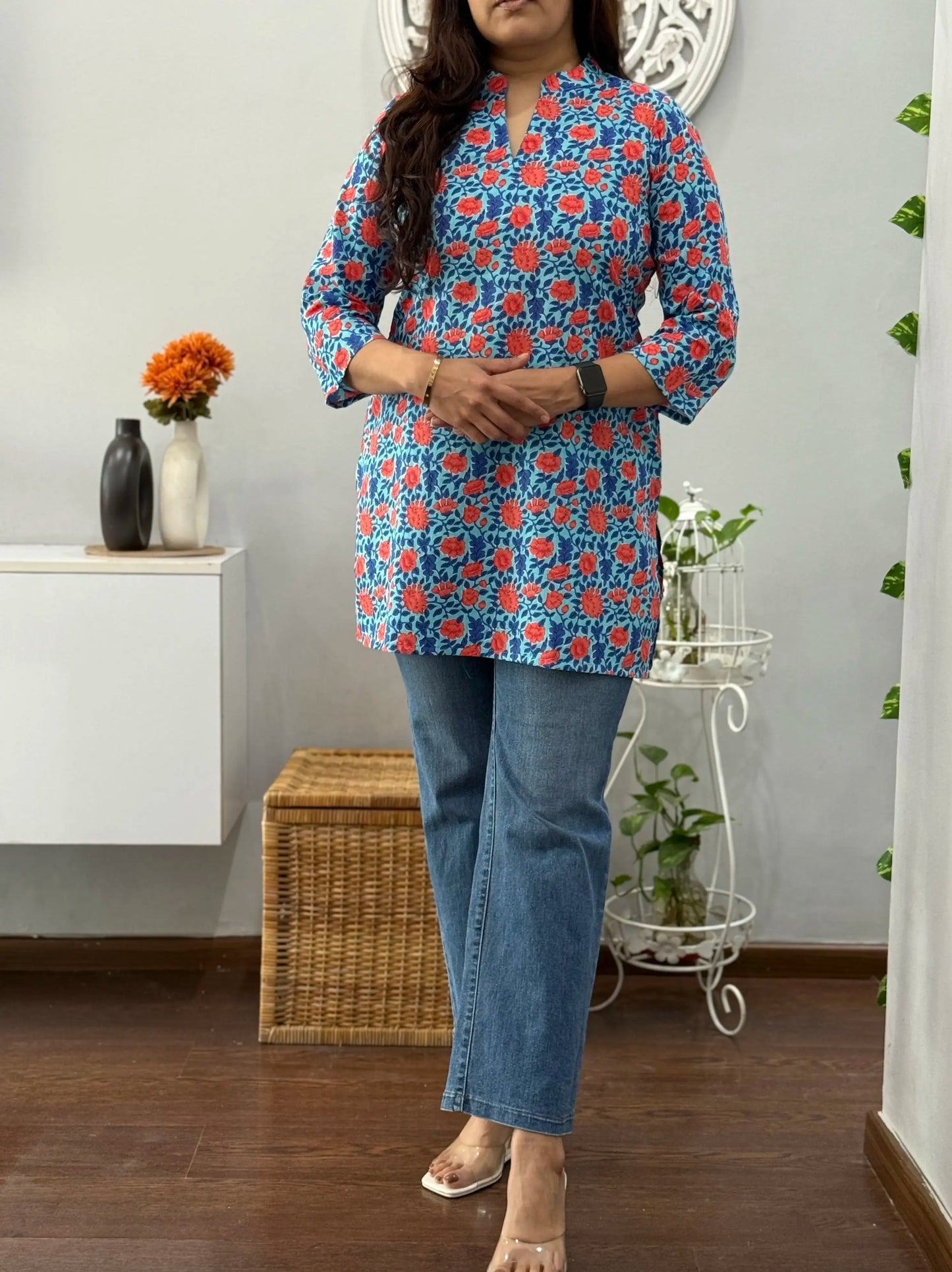 Turquoise Bloom Cotton Short Kurti