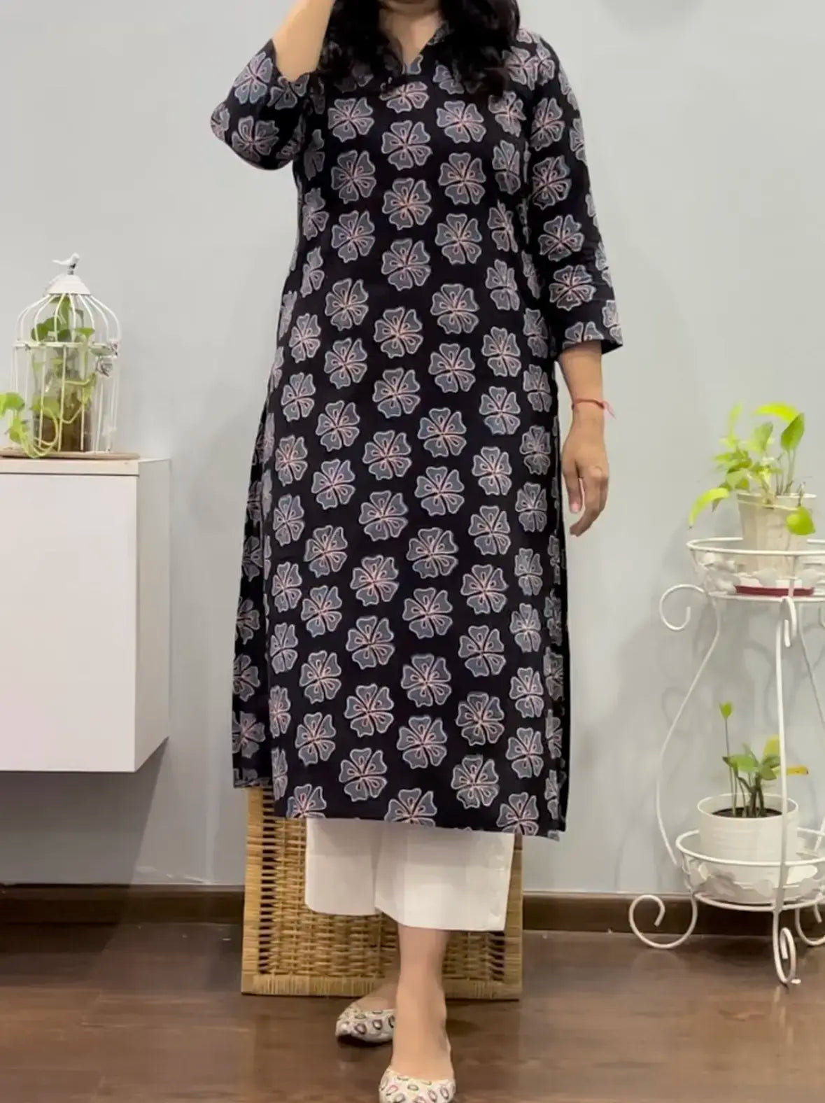 Ajrakh Bloom Kurta - Black