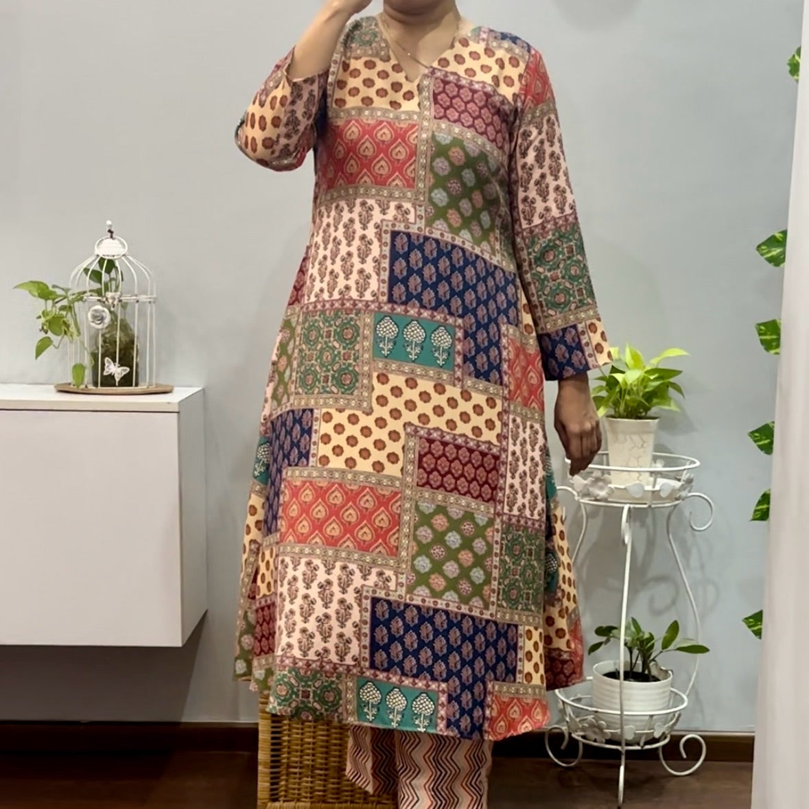 Vintage print A line winter kurta palazzo set