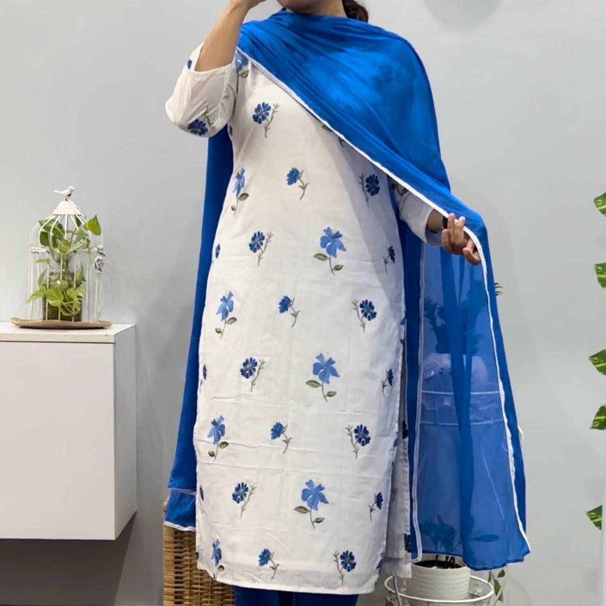 Blue butta embroidery suit